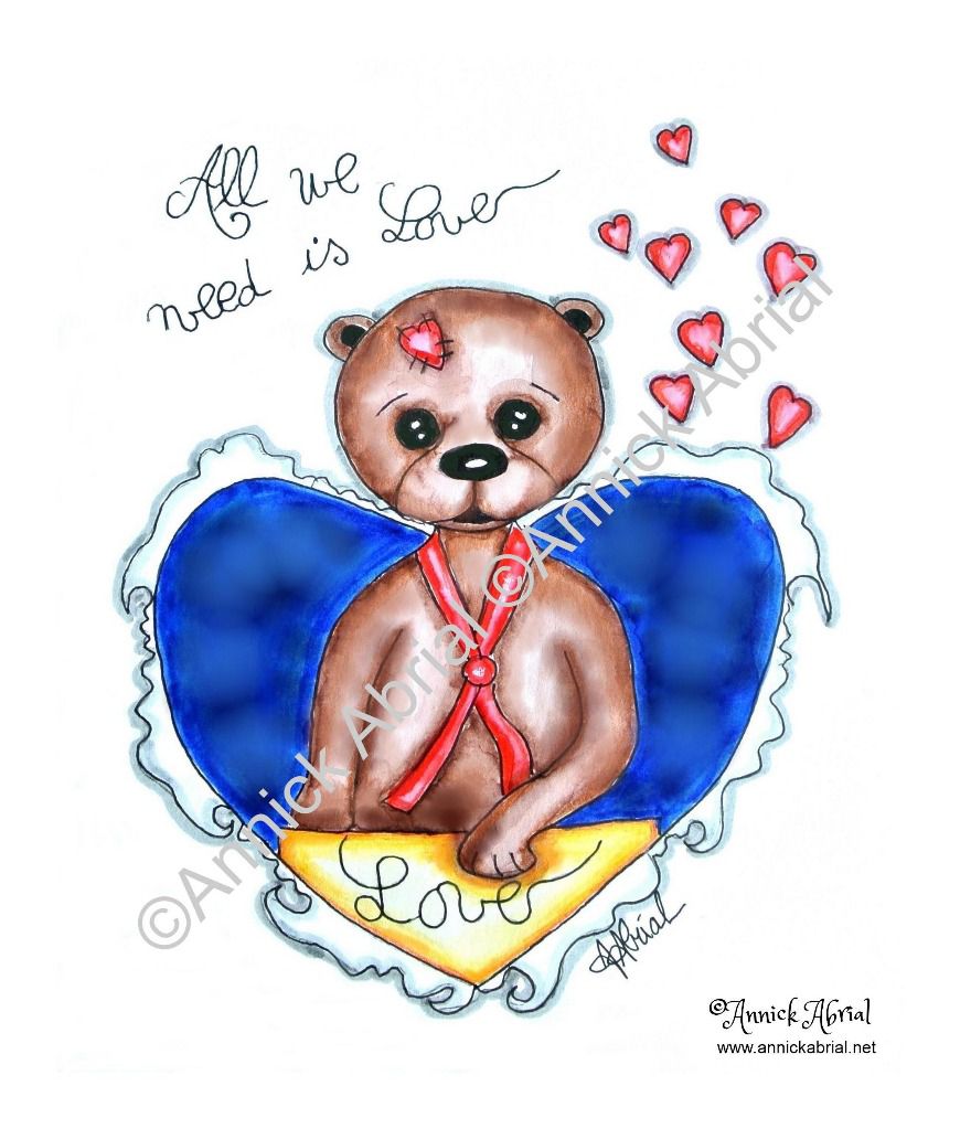 All we need is love aquarelle d'un ours sortant d'un coeur ©Annick Abrial . Cette aquarelle est imprimé sur mes coupons de tissus illustré