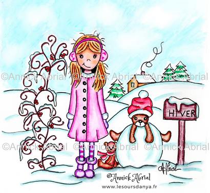 Anya et ses ours dans la neige, technique mixte, aquarelle, encre de chine et feutres ©Annick Abrial les ours d'Anya