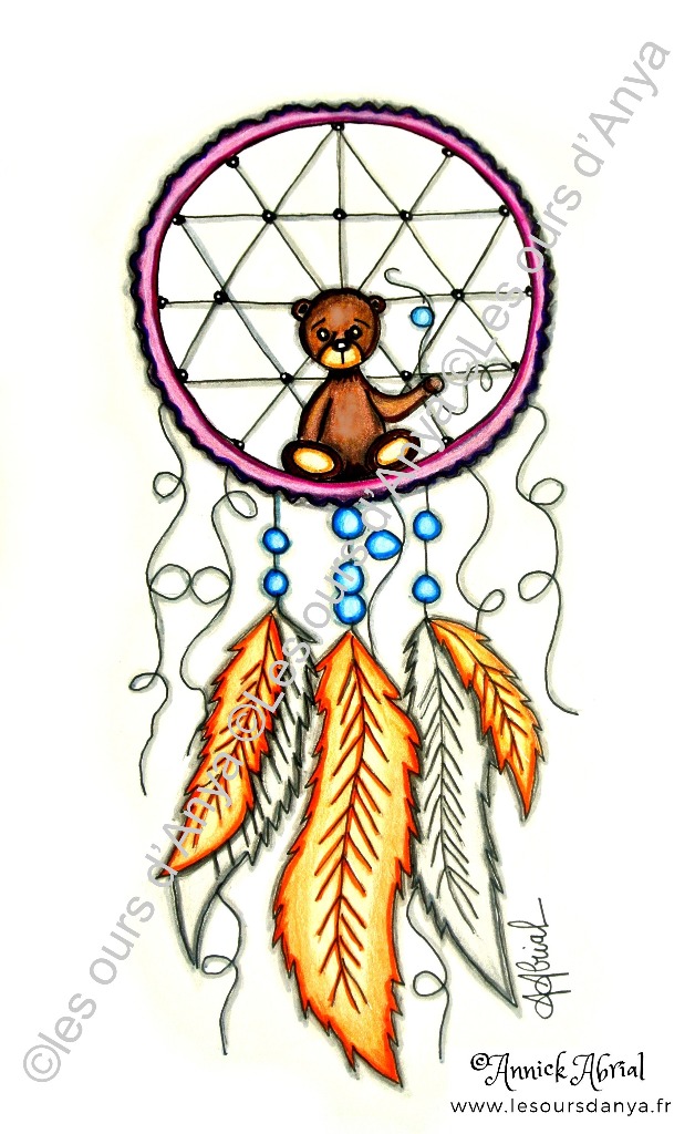 Attrape rêve, dreamcatcher avec petit ours, dessin aux crayons de couleur et encre de chine qui illustre mes cartes de voeux et qui m'a permis de créer un modèle pour la broderie au point de croix. Les ours d'Anya, créations Annick Abrial