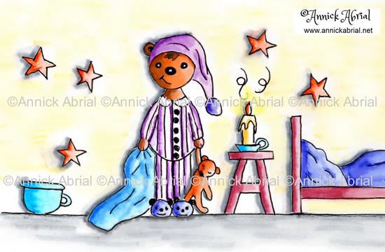 dessin d'un petit ours qui va dormir technique mixte réalisé à l'encre de chien et à l'aquarelle; ©Annick Abrial