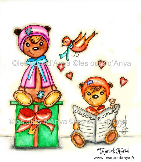 Ours assis sur un paquet cadeau et ours lisant un journal collection nounours, dessin qui illustre mes cartes de voeux. Les ours d'Anya, créations Annick Abrial