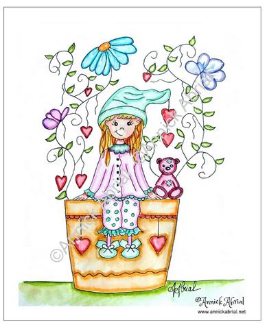 Le printemps d'Emma aquarelle ©Annick Abrial réalisée sur papier.. Elle illustre mes coupons de tissu illustré.