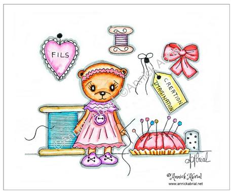 L'atelier de couture et de broderie aquarelle ©Annick Abrial aquarelle imprimé sur coupons de tissu illustré