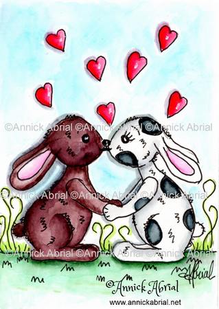 Deux lapins qui se font des bisous. Dessin personnalisé à l'encre de chine et à l'aquarelle réalisé sur demande et sur commande d'une clientes pour la St Valentin (format carte postale)