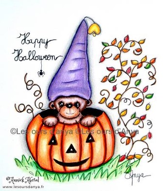 La citrouille et l'ours Halloween dessin aux feutres, crayons de couleur et encre de chine.©Anya-Annick Abrial pour les ours d'Anya