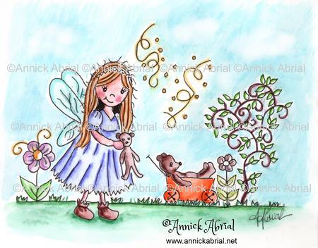 La petite fée et ses ours annoncent le printemps. Dessin, illustration à l'encre de chine et à l'aquarelle. ©Annick Abrial