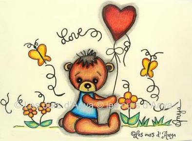 L'ours love dessin réalisé aux feutres, crayons de couleur et encre de chine qui illustre les cartes de voeux