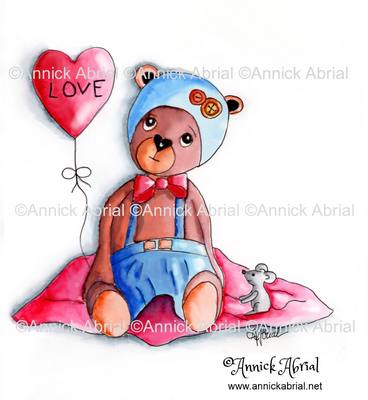 Ours coeur Love dessin réalisé à l'encre de chine et à l'aquarelle ©Annick Abrial