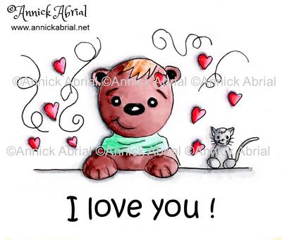 Ours I love you dessin réalisé à l'encre de chine et à l'aquarelle ©Annick Abrial www.annickabrial.net