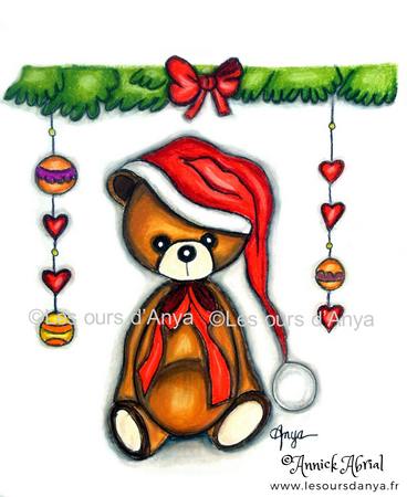 Ours Joyeux Noël dessin à l'aquarelle, encre de chine et feutres dessin illustre les cartes de voeux Les ours d'Anya, créations Annick Abrial