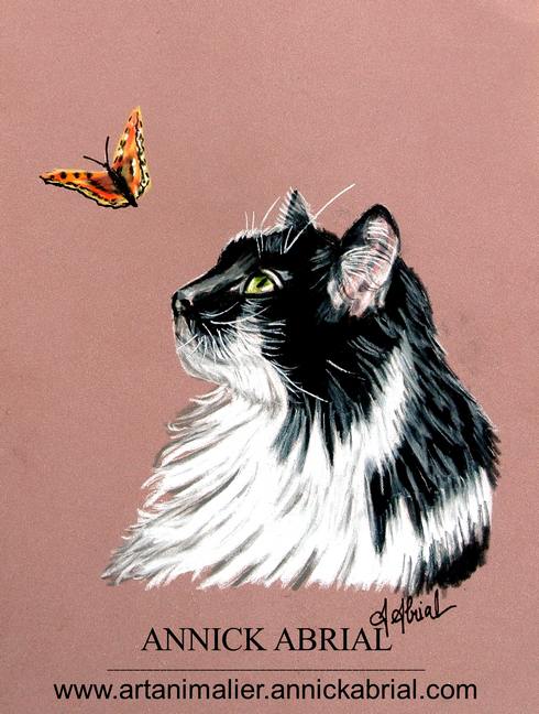 Portrait aux pastels secs d'un chat avec un papillon