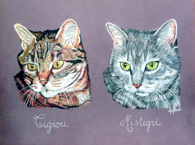Portrait aux pastels secs de Tigrou et Mistigri deux chats réalisé sur commande