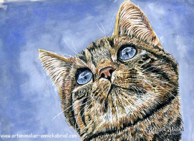 Peinture à la gouache d'un chat sur fond de ciel bleu