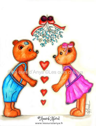 Meilleurs voeux, ours sous un gui, dessin à l'aquarelle et encre de chine qui illustre des cartes de voeux.Les ours d'Anya, créations Annick Abrial