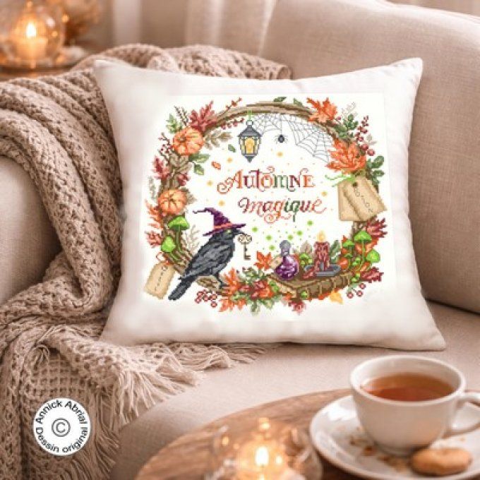 Modèle point de croix Automne magique brodé sur coussin ©Annick Abrial