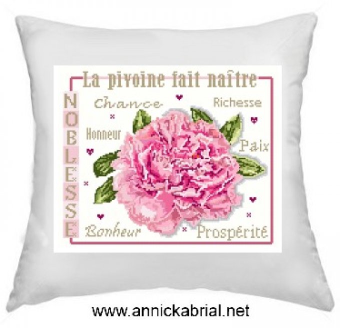 Broderie point de croix la pivoine pontée sur coussin ©Annick Abrial