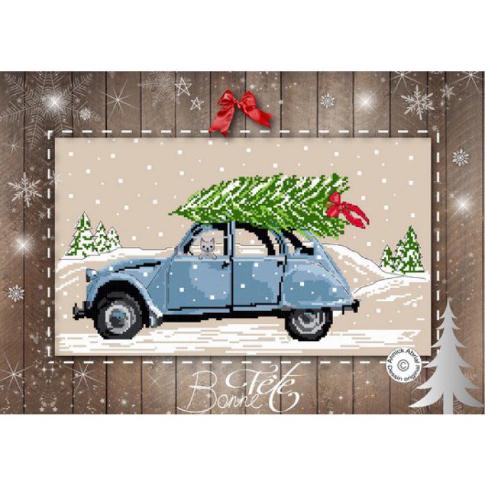 Modèle point de croix d'une 2CV sous la neige avec un sapin de Noël