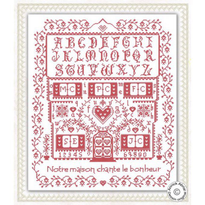 point de croix abécédaire rouge ma maison chante le bonheur