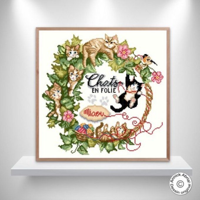 Modèle point de croix Chats en folie cadre carré ©Annick Abrial
