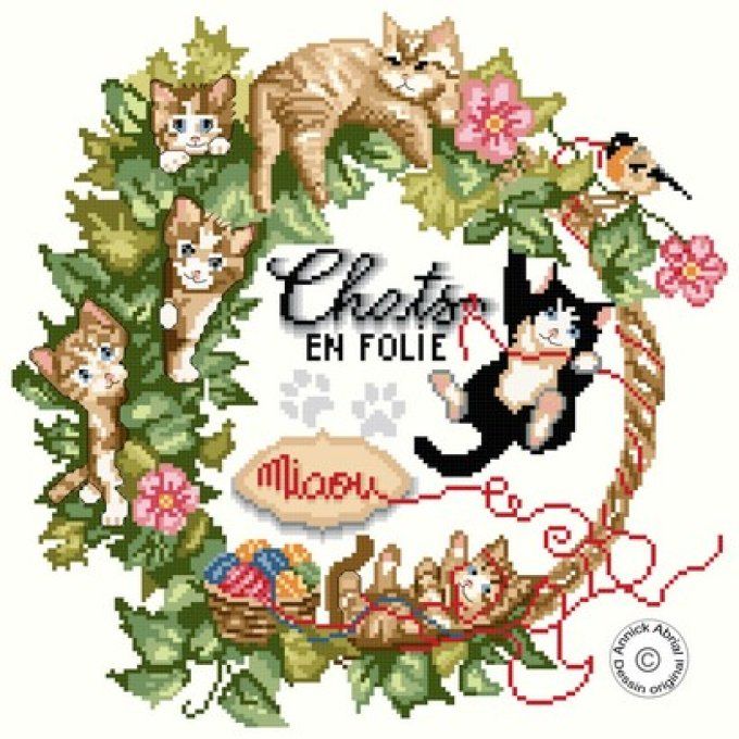 Diagramme de point de croix Chats en folie, couronne végétale et chats espiègles.