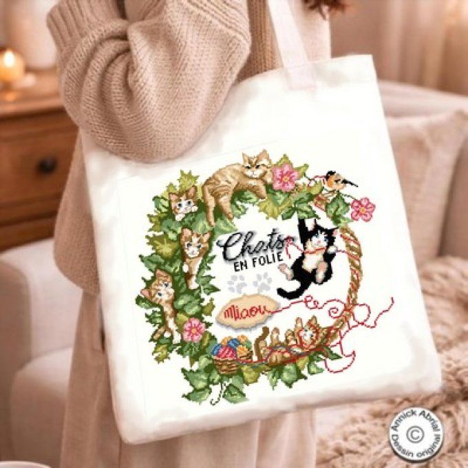 Modèle point de croix Chats en folie tote bag ©Annick Abrial