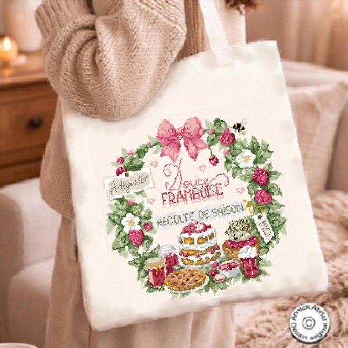 Point de croix Douce framboise sac tote bag ©Annick Abrial