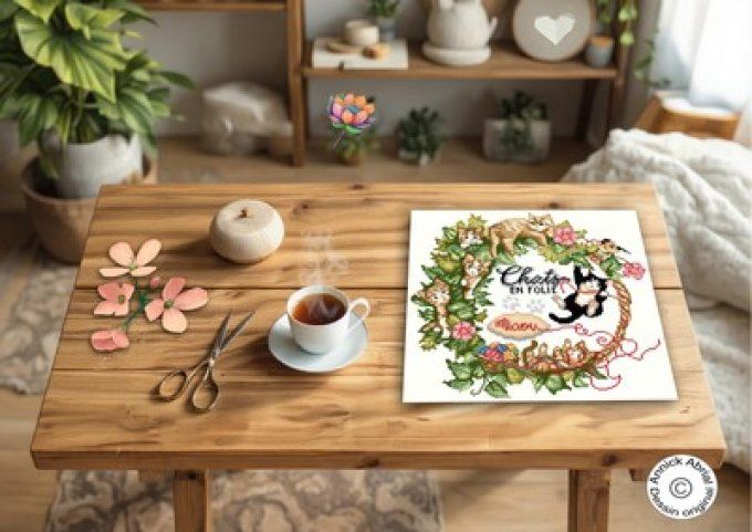 Point de croix Chats en folie ouvrage sur table ©Annick Abrial