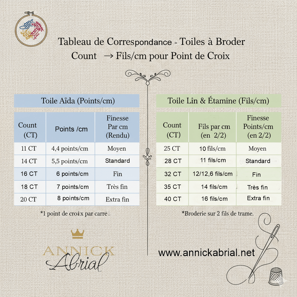 Tableau récapitulatif de conversion du count en centimètres pour toile Aïda et lin.